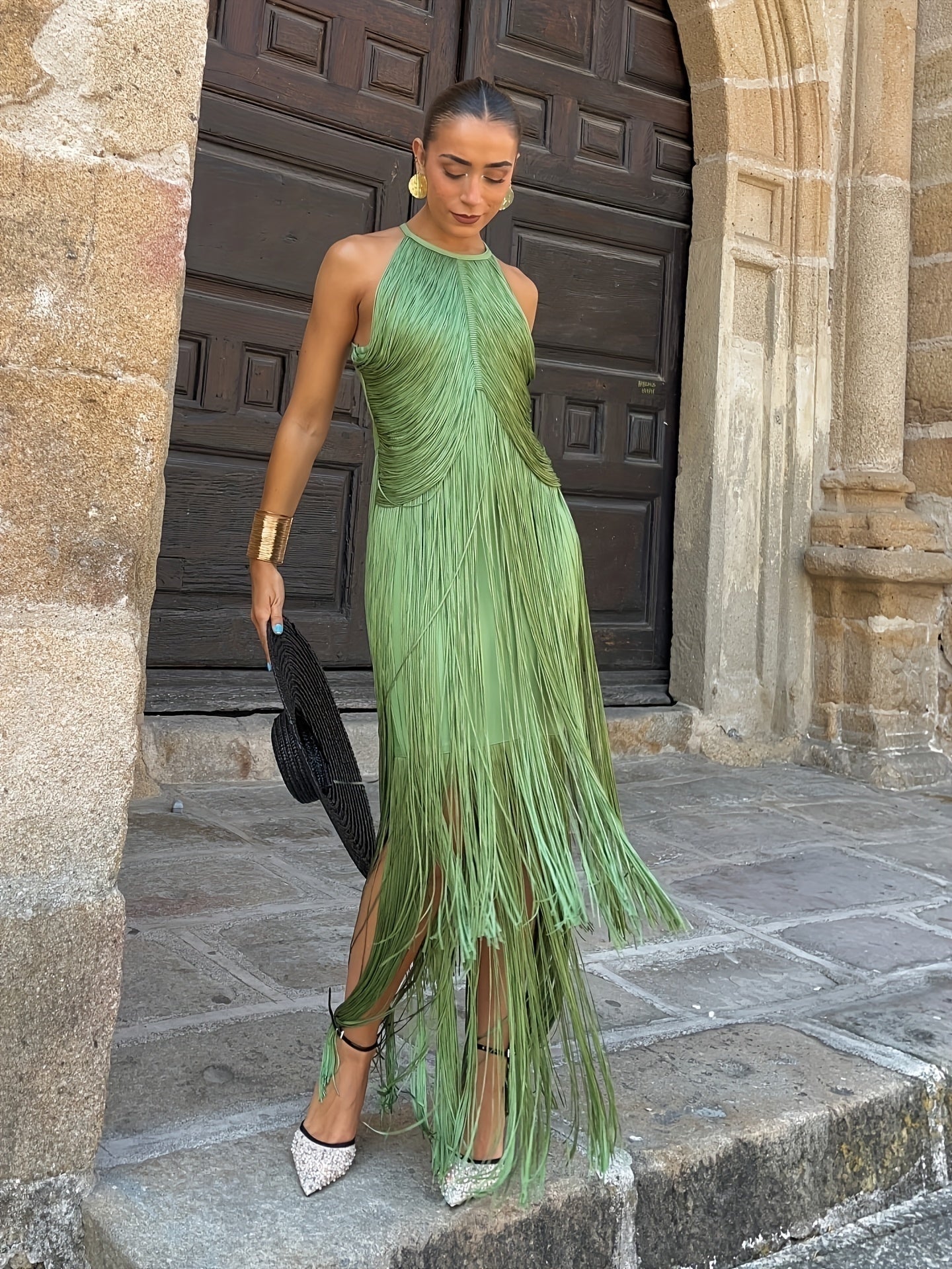 Vestido de Fiesta Largo con Flecos Mujer Cuello Halter
