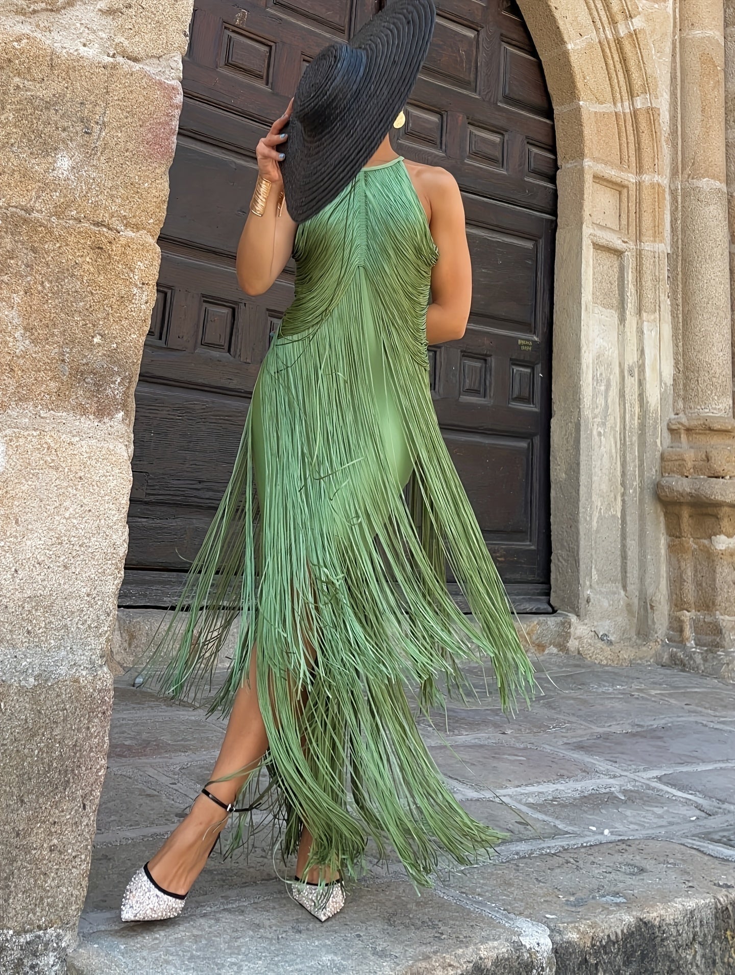 Vestido de Fiesta Largo con Flecos Mujer Cuello Halter