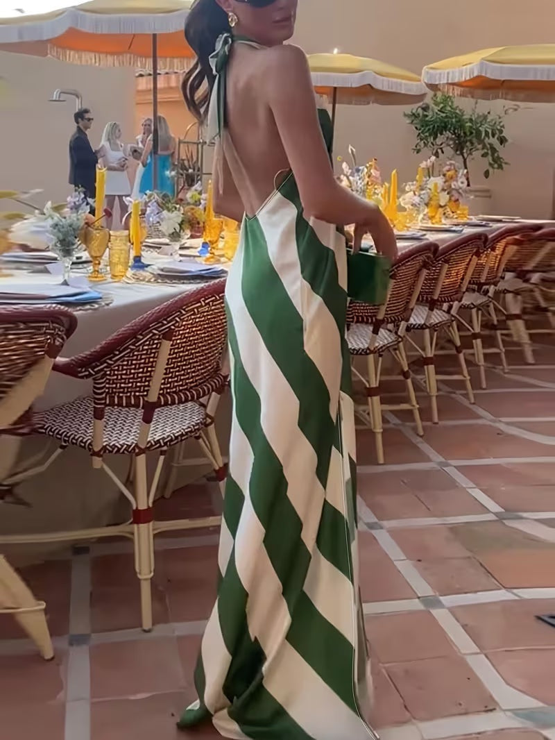 Vestido Largo con Espalda Descubierta Estampado Diagonal Mujer