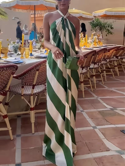 Vestido Largo con Espalda Descubierta Estampado Diagonal Mujer