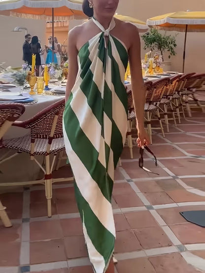 Vestido Largo con Espalda Descubierta Estampado Diagonal Mujer