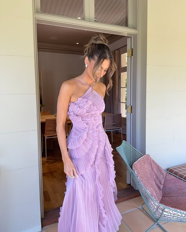 Vestido Largo Mujer de Fiesta con Volantes Cuello Halter