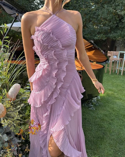 Vestido Largo Mujer de Fiesta con Volantes Cuello Halter