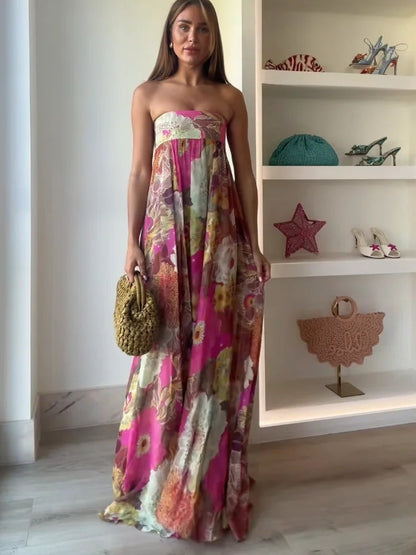 Vestido Largo Mujer de Fiesta Estampado Palabra de Honor - Mavetta