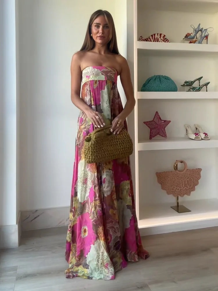 Vestido Largo Mujer de Fiesta Estampado Palabra de Honor