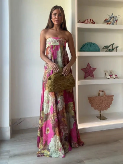 Vestido Largo Mujer de Fiesta Estampado Palabra de Honor
