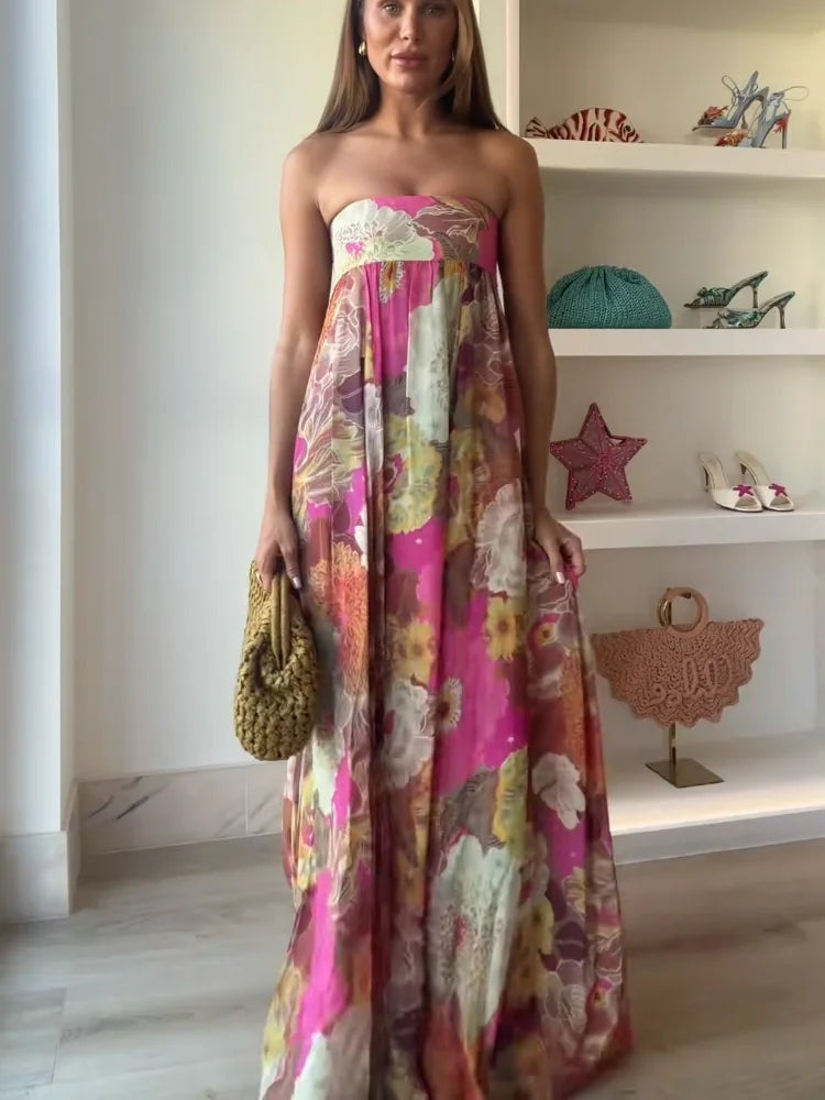 Vestido Largo Mujer de Fiesta Estampado Palabra de Honor