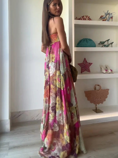 Vestido Largo Mujer de Fiesta Estampado Palabra de Honor