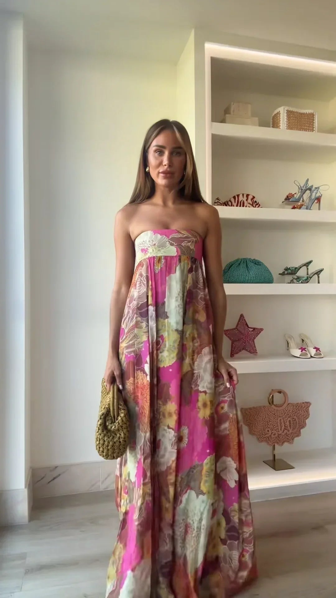 Vestido Largo Mujer de Fiesta Estampado Palabra de Honor