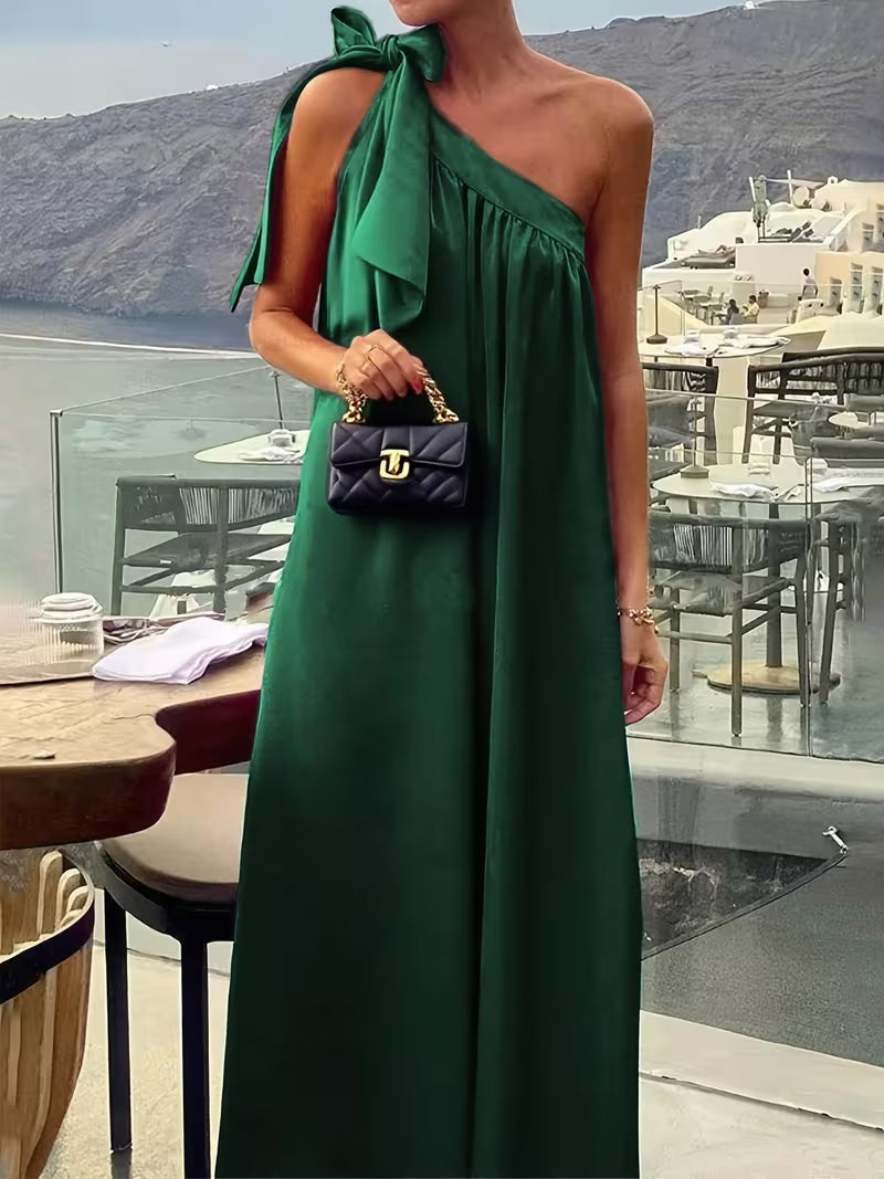 Vestido Largo Mujer Un Hombro Lazo Decorativo - Mavetta