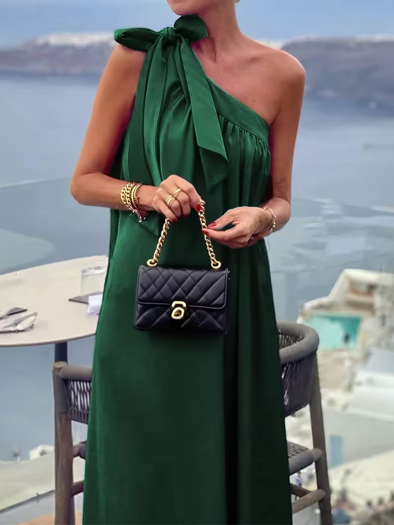 Vestido Largo de Un Hombro Mujer Lazo Decorativo