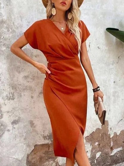 Vestido Midi Mujer de Cóctel Drapeado Escote en V