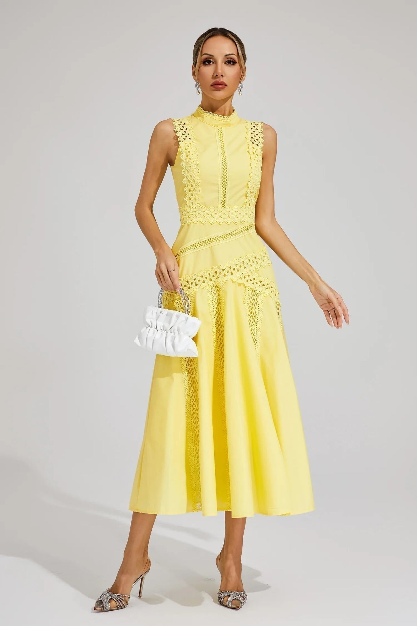 Vestido Midi Mujer de Encaje Cuello Alto Sin Mangas