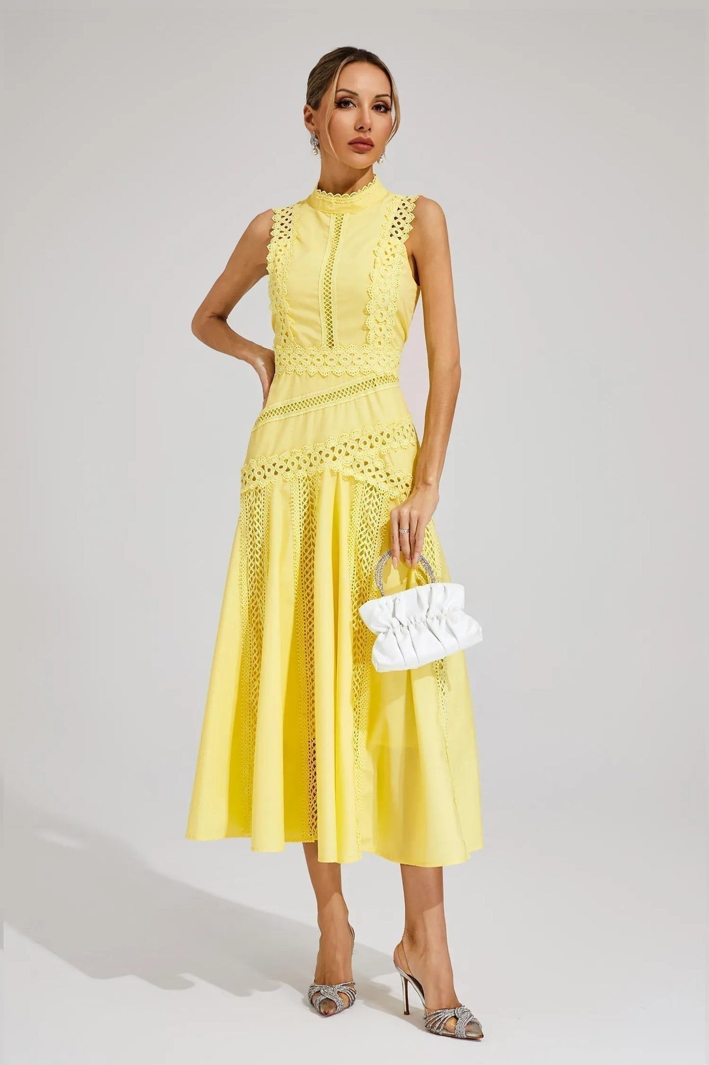 Vestido Midi Mujer de Encaje Cuello Alto Sin Mangas