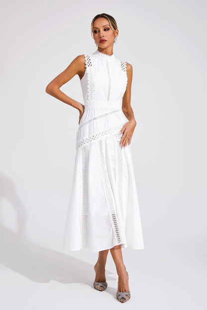 Vestido Midi Mujer de Encaje Cuello Alto Sin Mangas