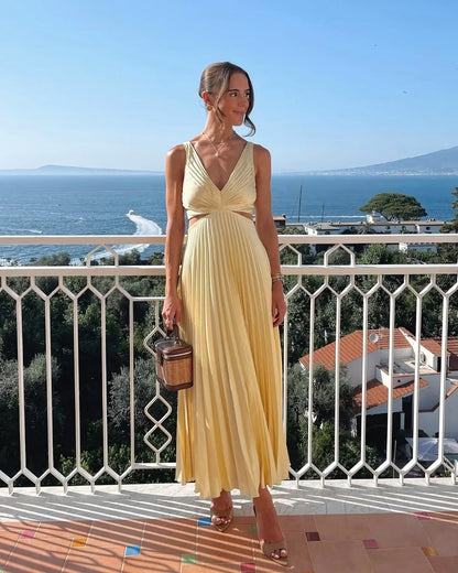 Vestido Midi Mujer Plisado Escote en V - Mavetta
