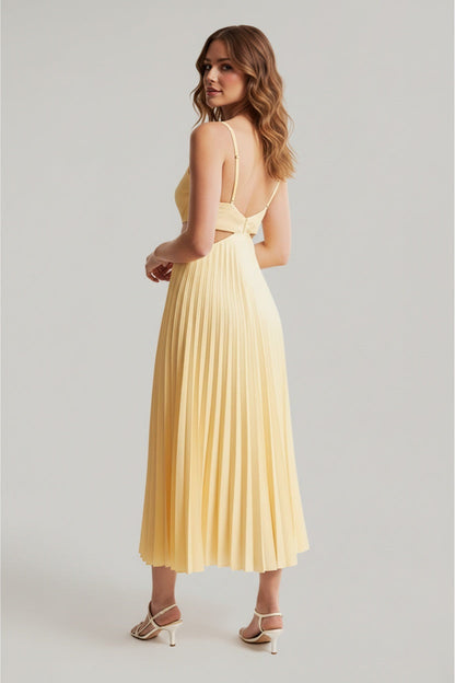 Vestido Midi Mujer Plisado Escote en V
