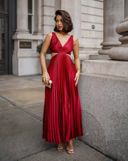 Vestido Midi Mujer Plisado Escote en V