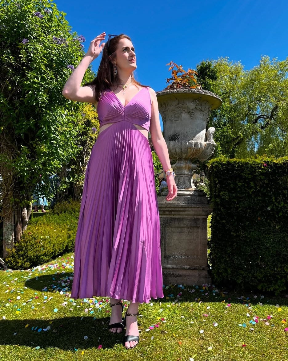 Vestido Midi Mujer Plisado Escote en V