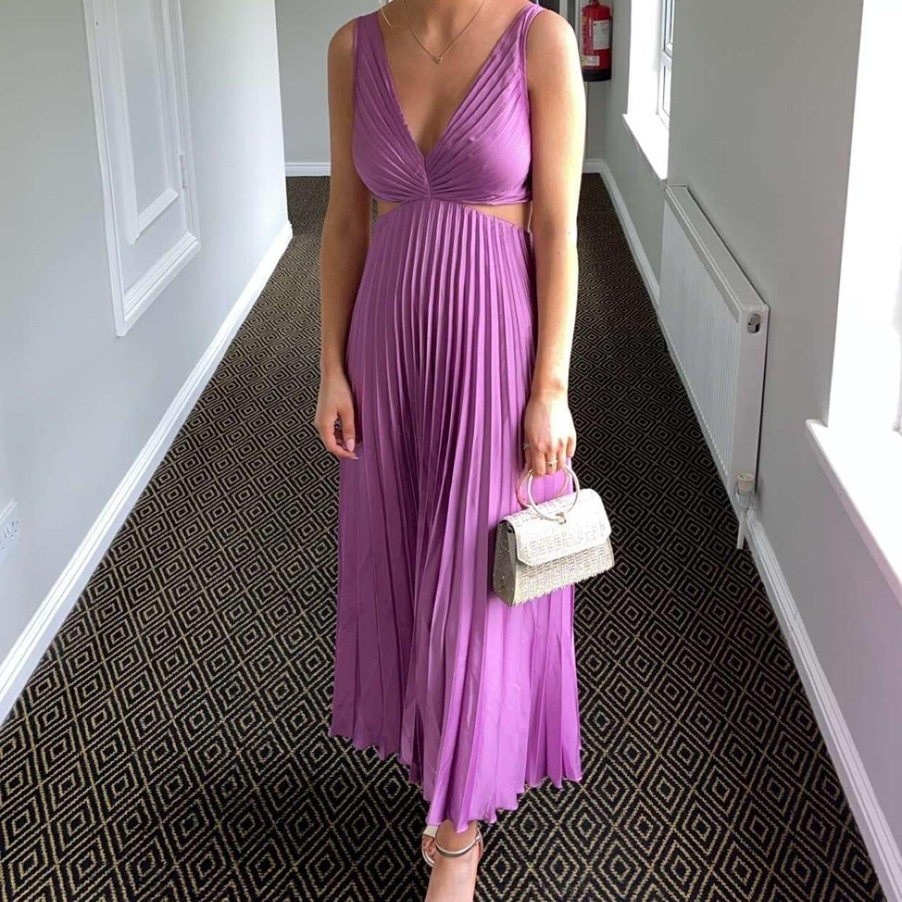 Vestido Midi Mujer Plisado Escote en V