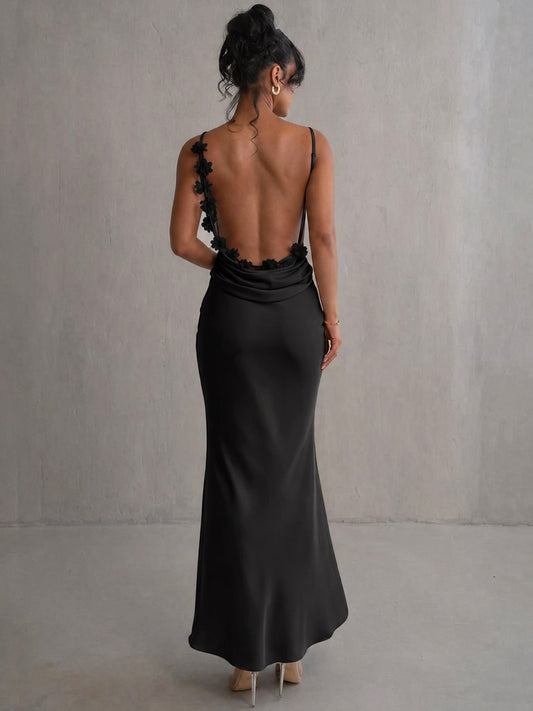 Vestido maxi mujer de satén con cuello cascada - Mavetta