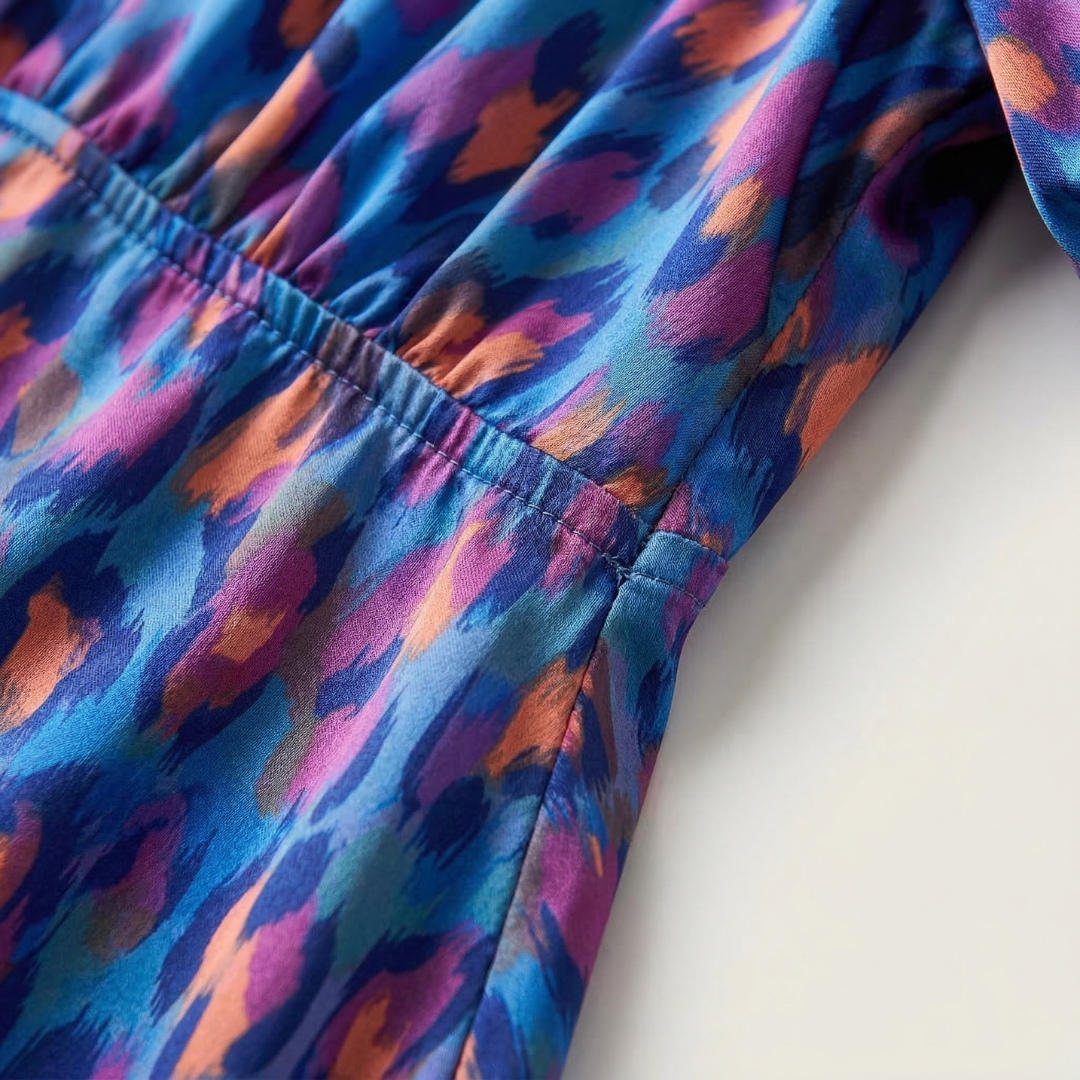 Vestido Midi Mujer Estampado Escote en V Manga Abullonada Drapeado