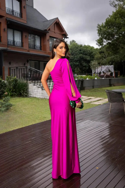 Vestido maxi mujer de satén drapeado un hombro