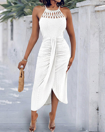 Vestido midi mujer Jacquard halter abertura verano