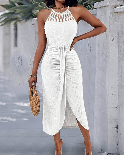 Vestido midi mujer Jacquard halter abertura verano