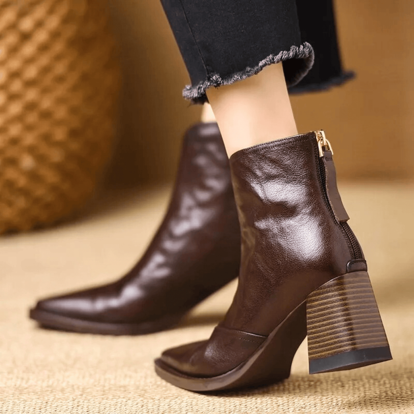 Botas Mujer Tobillo Tacón Ancho Cremallera Estilo Urbano