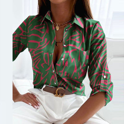 Blusa Mujer de Satén Cuello de Solapa Estampado Gráfico