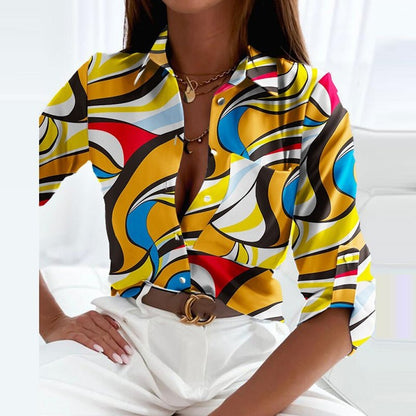 Blusa Mujer de Satén Cuello de Solapa Estampado Gráfico