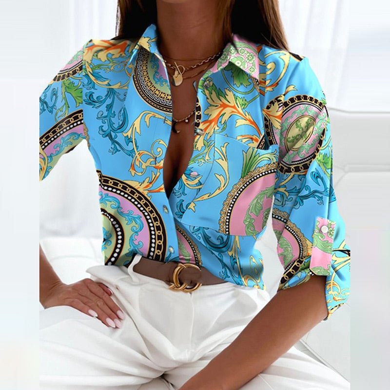 Blusa Mujer de Satén Cuello de Solapa Estampado Gráfico