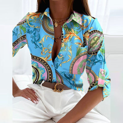 Blusa Mujer de Satén Cuello de Solapa Estampado Gráfico