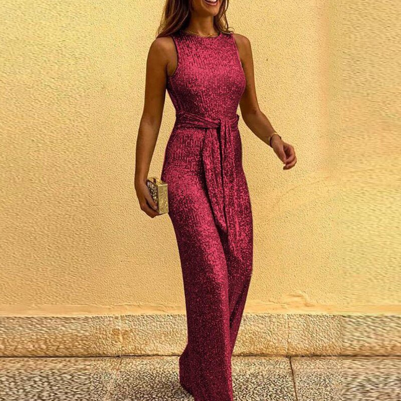 Vestido noche mujer sin mangas con cinturón corte recto