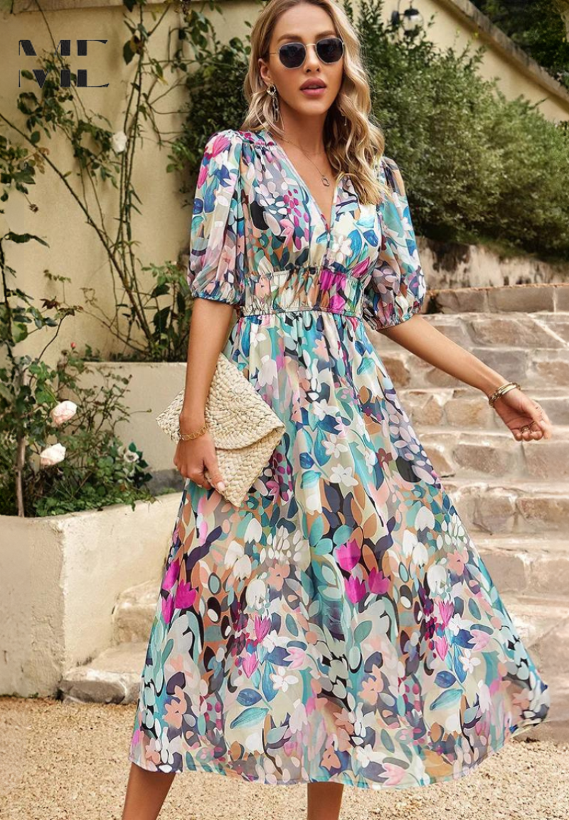 Vestido midi mujer con escote en V y estampado floral - Mavetta