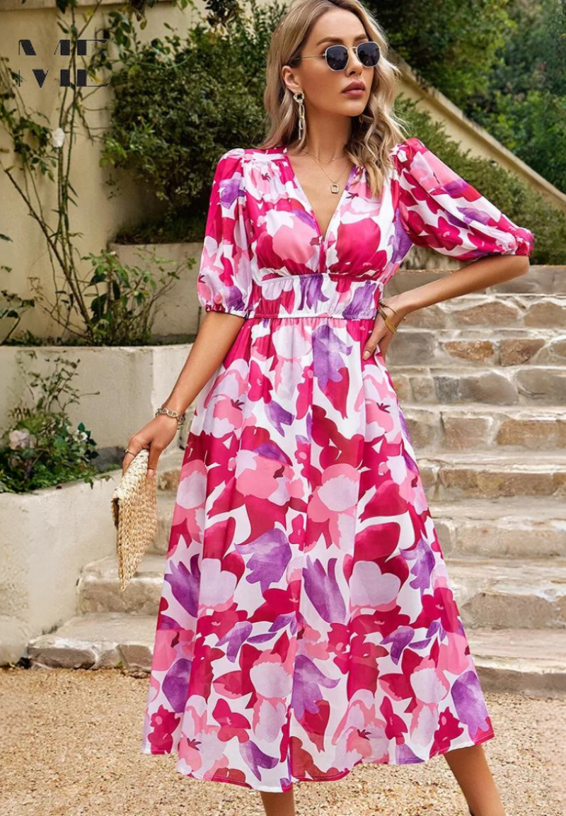 Vestido midi mujer con escote en V y estampado floral