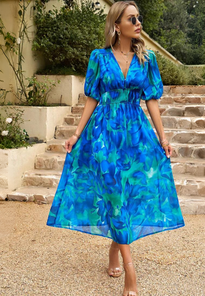 Vestido midi mujer con escote en V y estampado floral