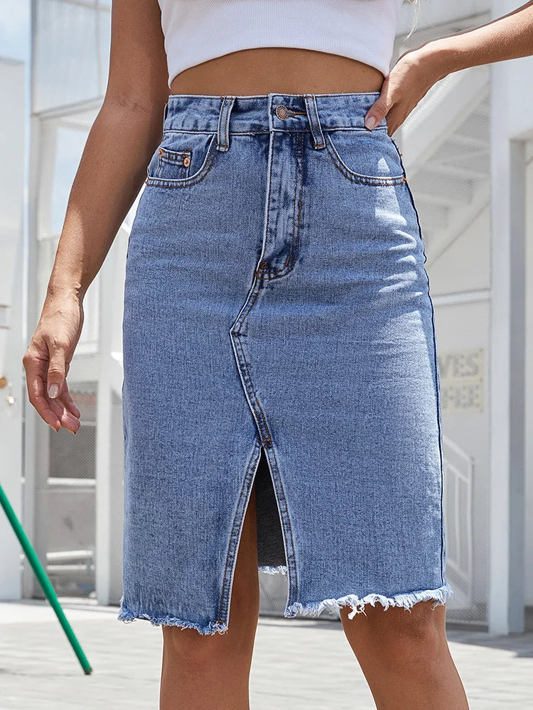 Falda midi mujer de talle alto con abertura y corte ajustado