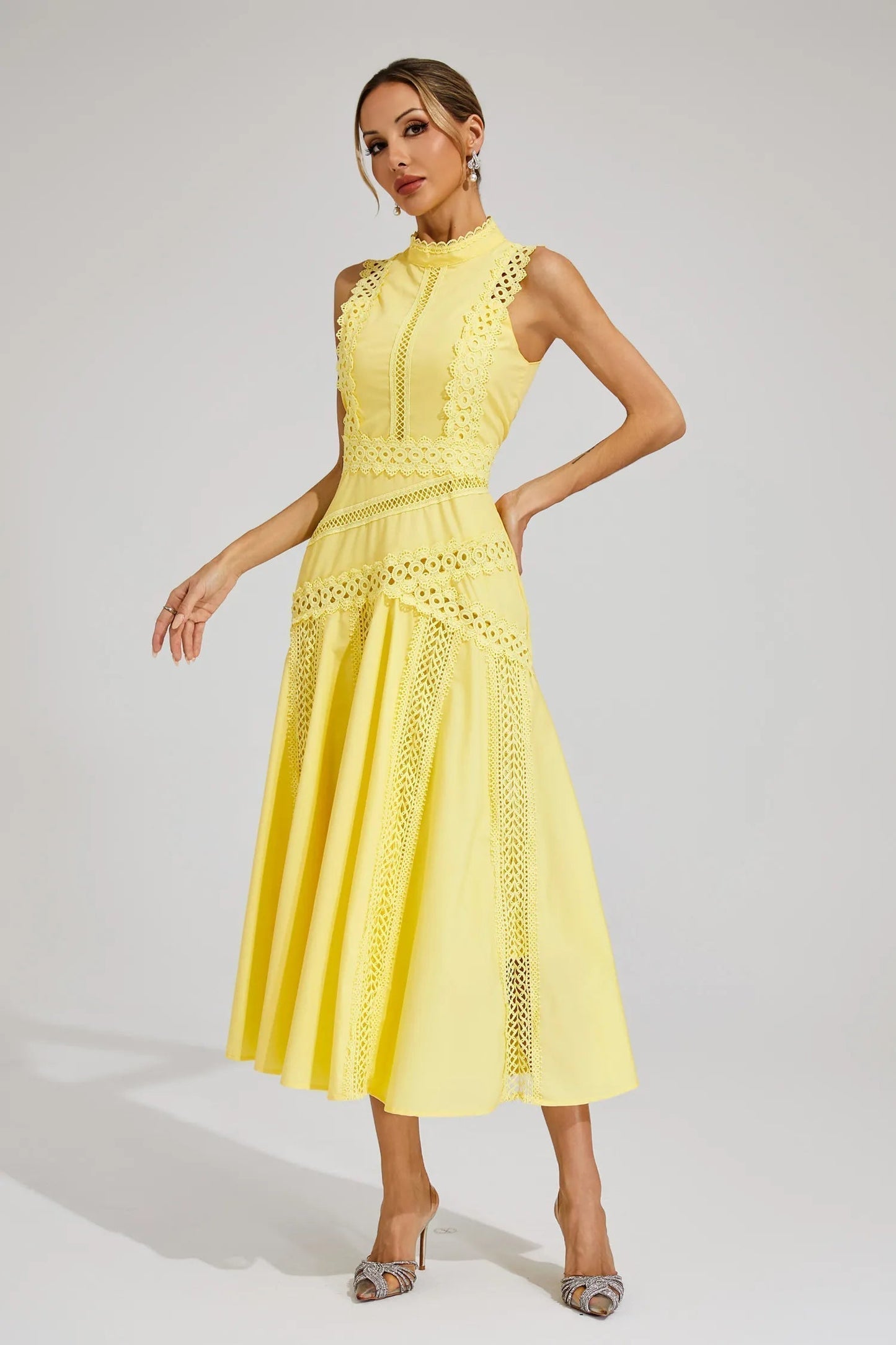 Vestido midi mujer de encaje sin mangas estilo boda