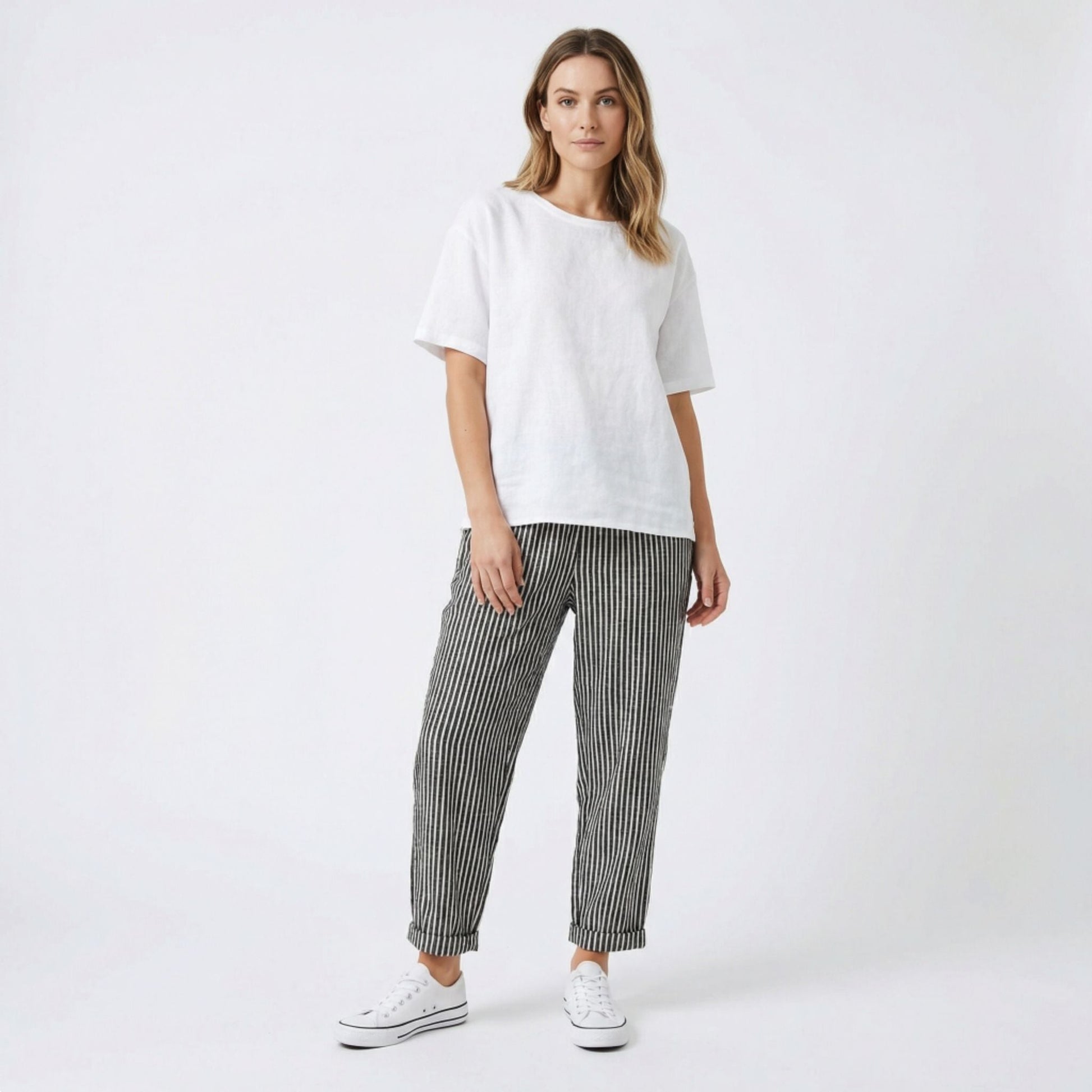 Pantalones Capri Mujer Pernera Ancha Talle Alto Rayas - Mavetta