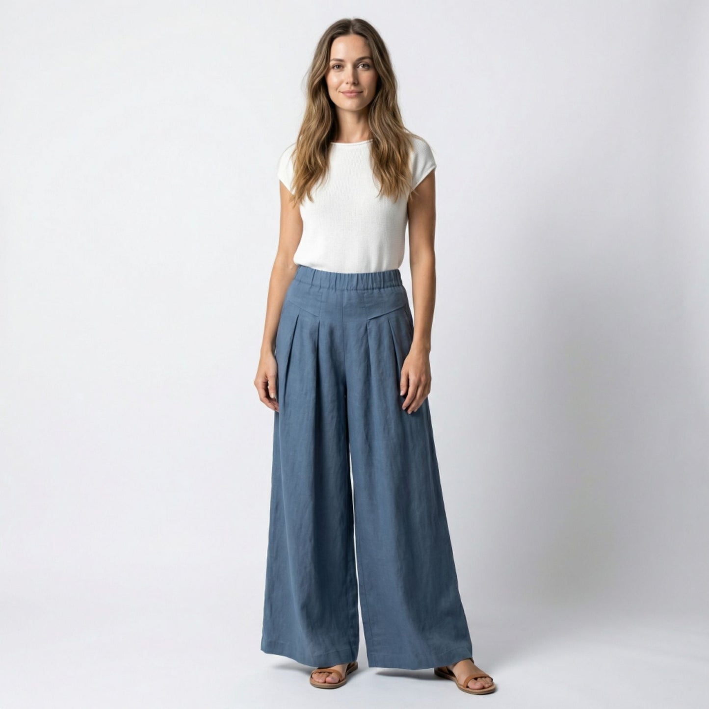 Pantalones Mujer Pierna Ancha Algodón Pinzas Bolsillos
