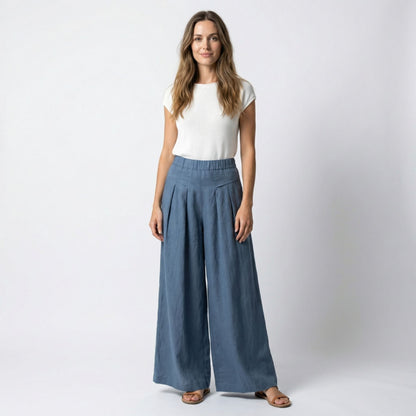 Pantalones Mujer Pierna Ancha Algodón Pinzas Bolsillos