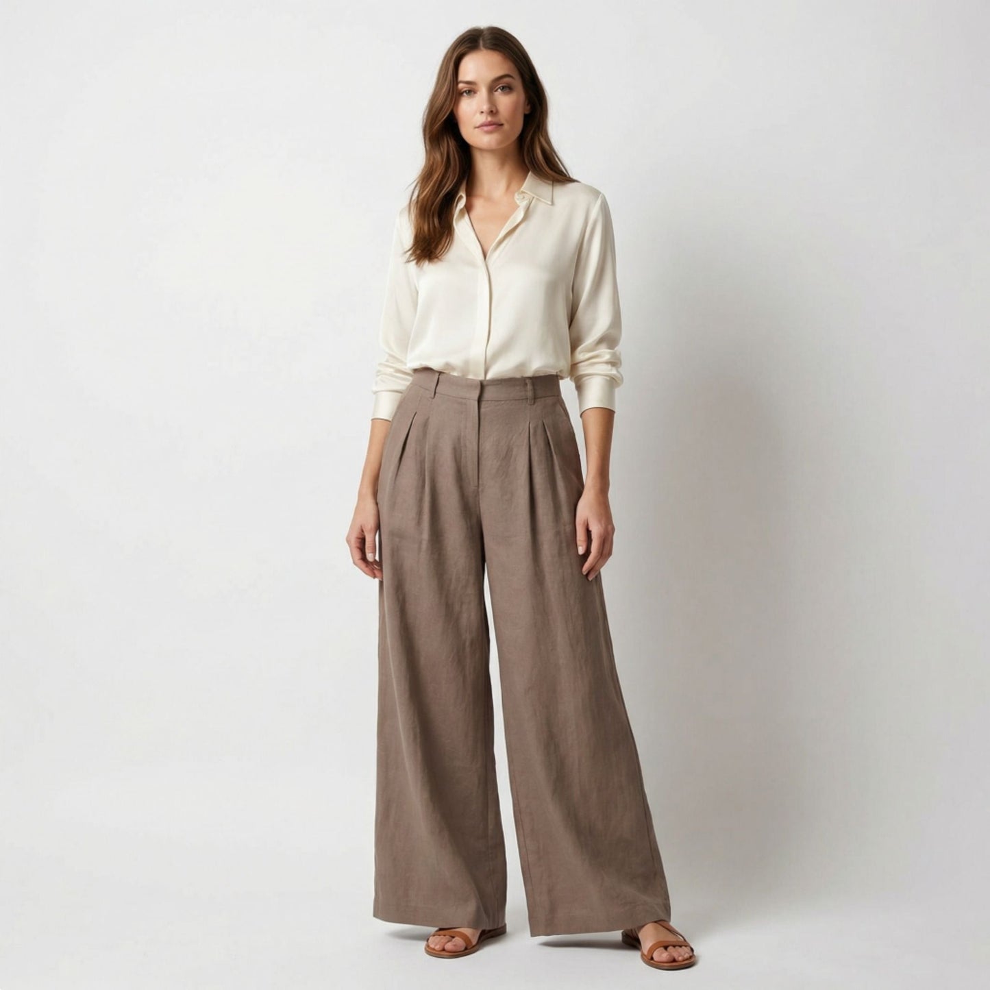 Pantalones Mujer Pierna Ancha Algodón Pinzas Bolsillos