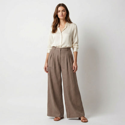 Pantalones Mujer Pierna Ancha Algodón Pinzas Bolsillos