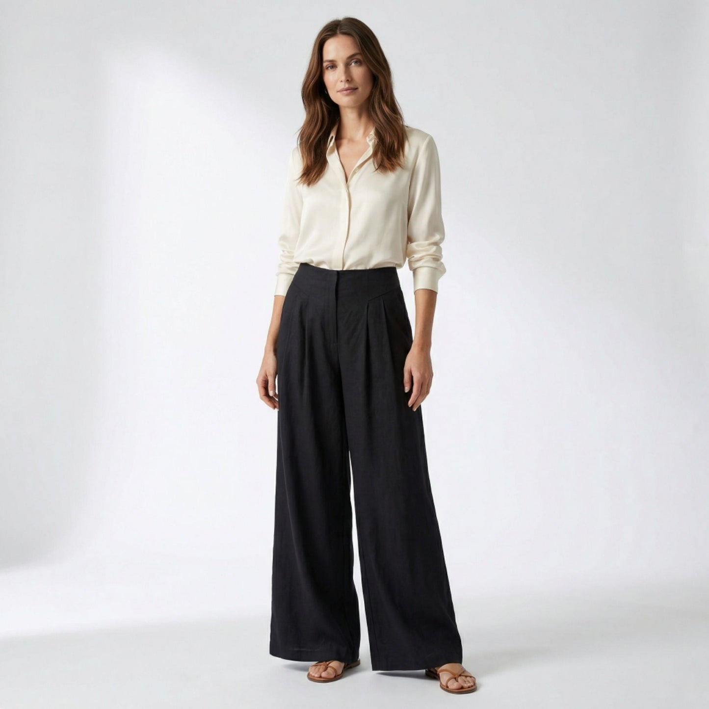 Pantalones Mujer Pierna Ancha Algodón Pinzas Bolsillos