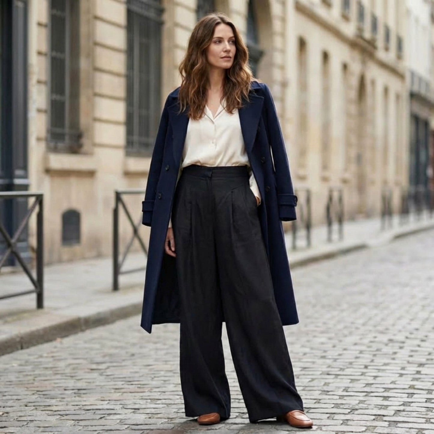 Pantalones Mujer Pierna Ancha Algodón Pinzas Bolsillos