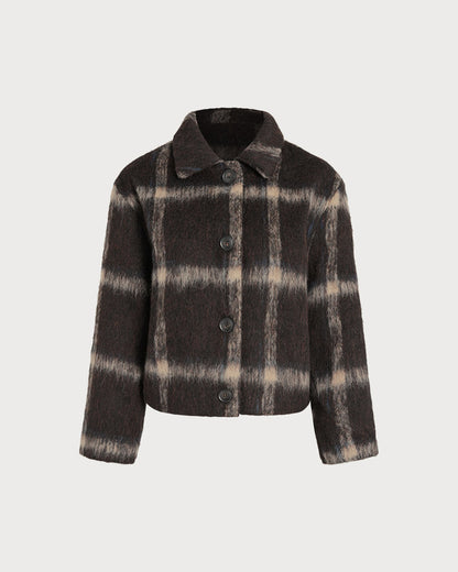 Chaqueta Corta Mujer de Cuadros con Botones y Cuello Camisero