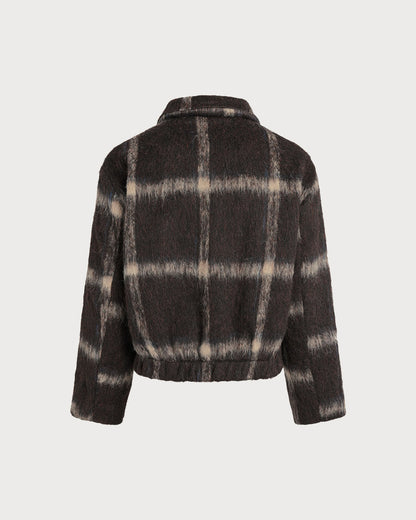 Chaqueta Corta Mujer de Cuadros con Botones y Cuello Camisero