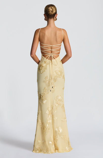 Vestido maxi mujer con bordado floral estilo boda